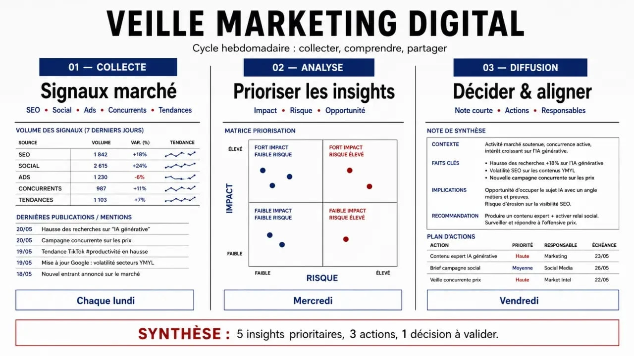 Veille marketing digital : workflow en trois étapes pour organiser la veille