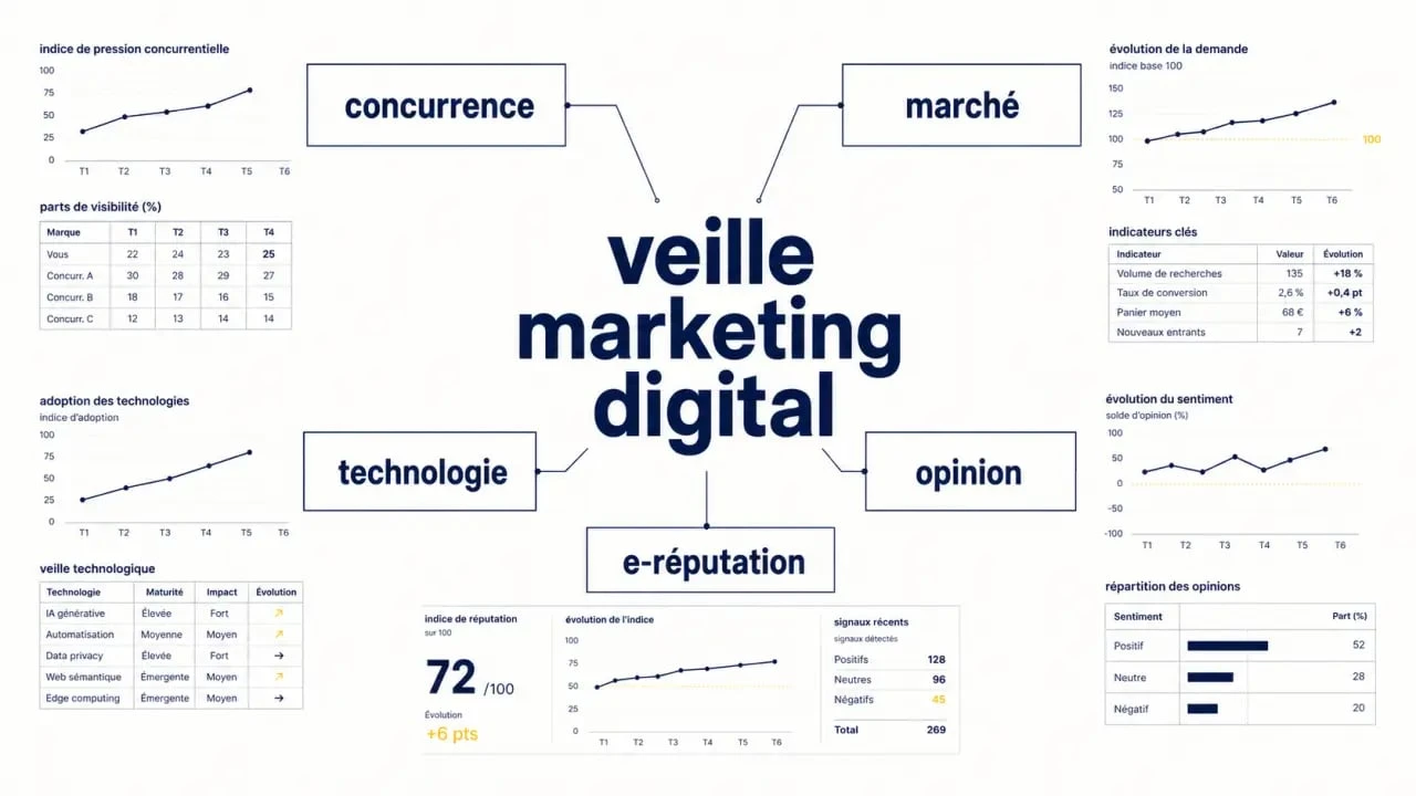 Veille marketing digital : schéma des cinq signaux à surveiller