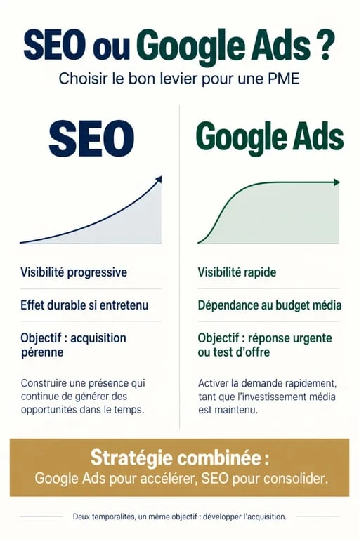 Infographie SEO pour PME comparant le référencement naturel et Google Ads