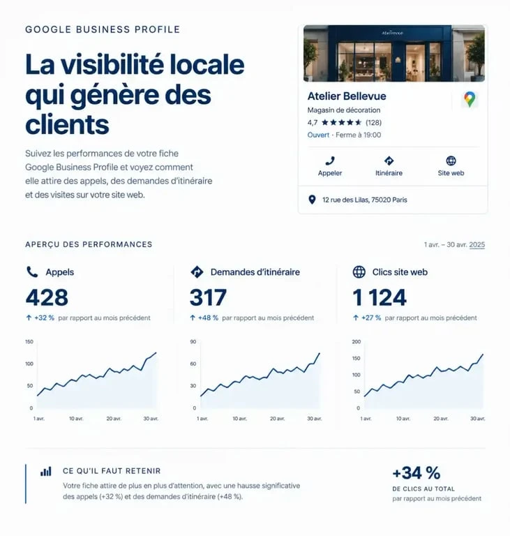 Tableau de bord de statistiques dans une formation Google Business Profile en ligne