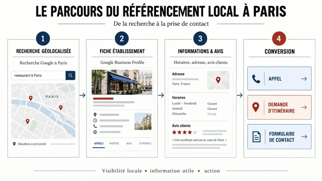 Parcours du référencement local Paris de la recherche Google à la demande commerciale
