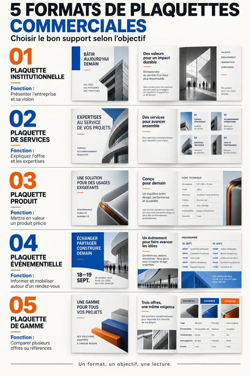 Exemples plaquettes commerciales selon cinq objectifs et formats