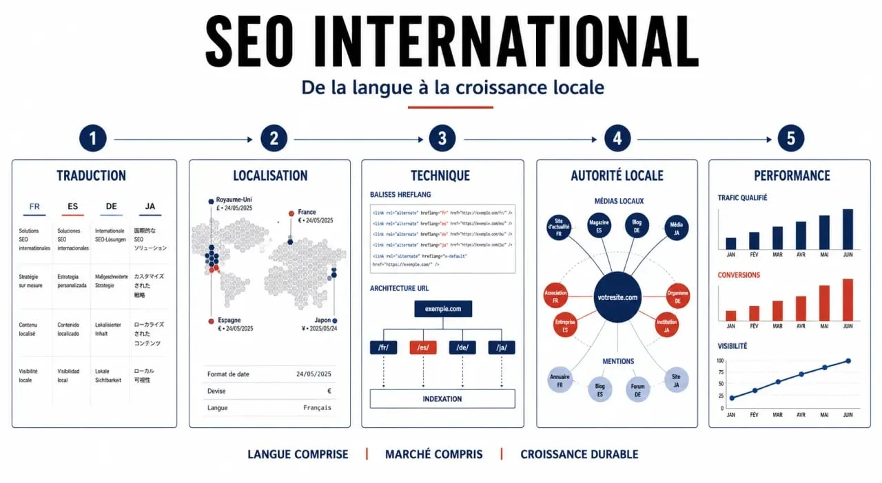 Infographie sur une agence seo internationale montrant traduction, localisation, technique, autorité locale et performance