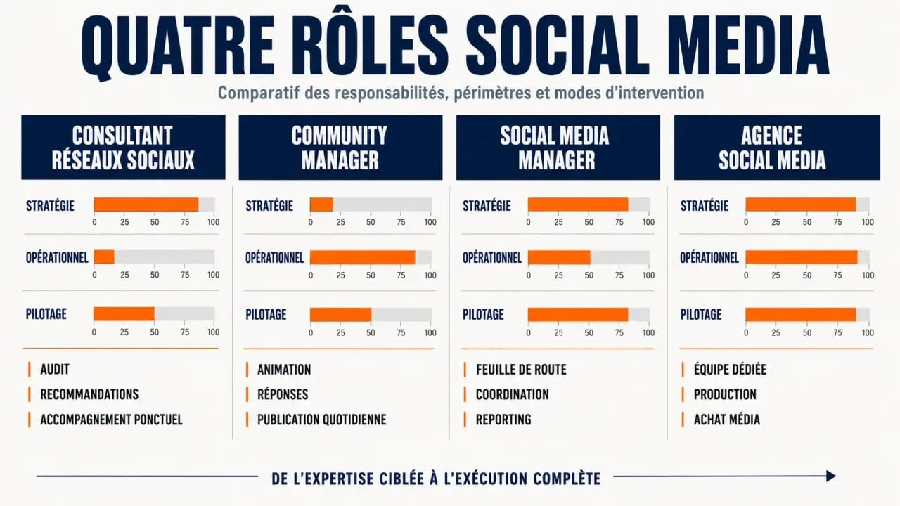 Consultant réseaux sociaux : comparaison avec community manager, social media manager et agence social media