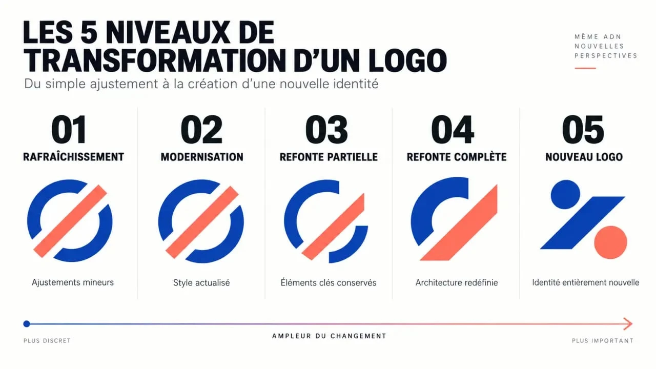 Infographie sur les niveaux de refonte logo, du rafraîchissement à la création complète