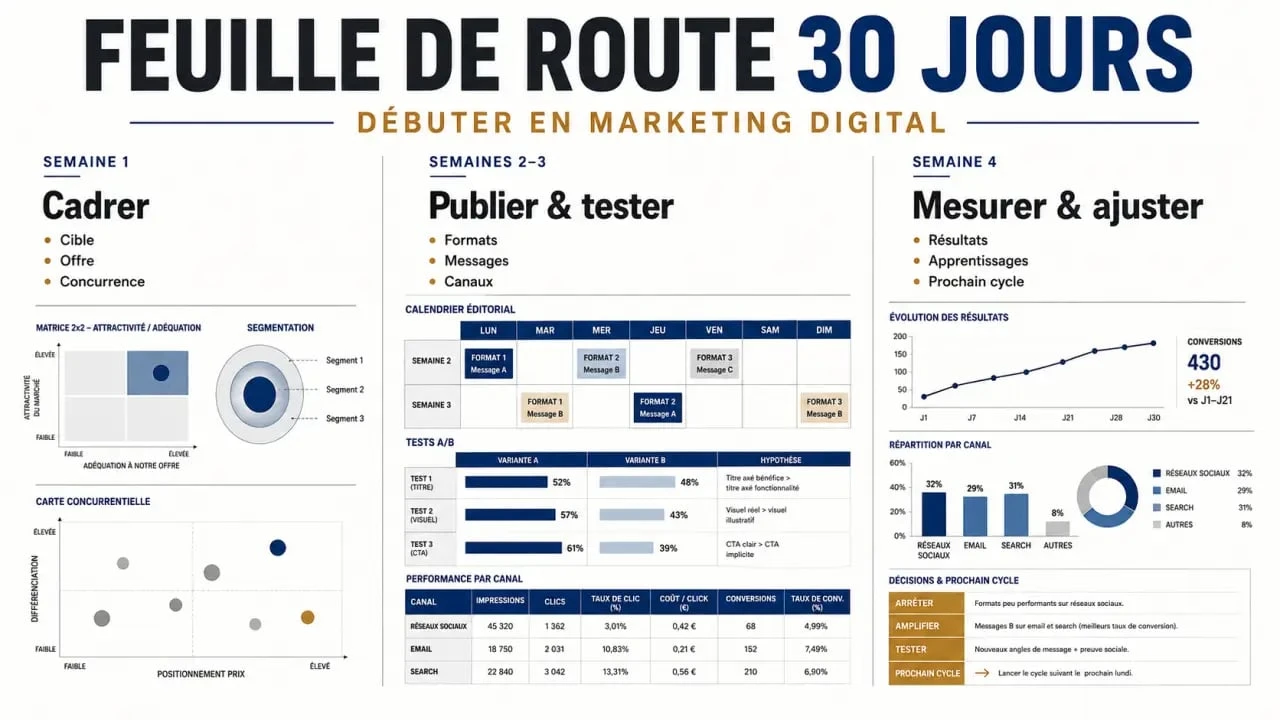 Comment se lancer dans le marketing digital : feuille de route en 30 jours avec cadrage, test et mesure