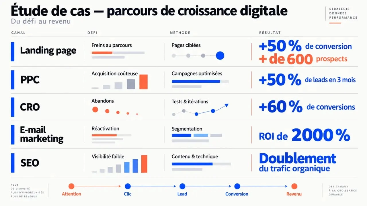 Infographie d’une étude de cas marketing digital comparant les résultats par canal