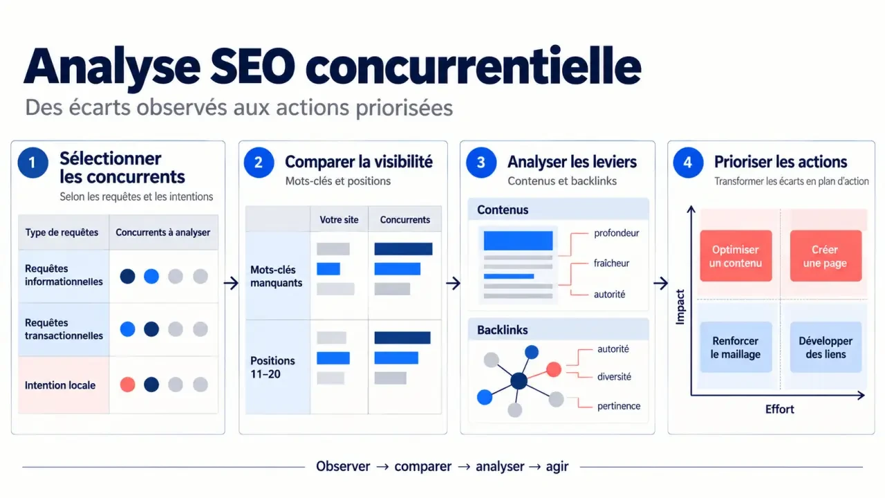 Infographie du processus d’analyse SEO concurrentielle des mots-clés, contenus, positions et backlinks