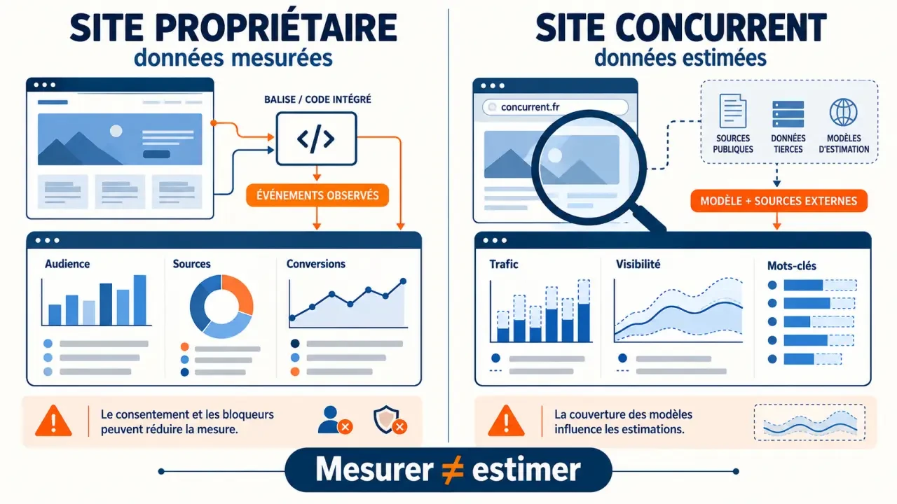 Infographie sur les statistiques d'un site web mesurées ou estimées selon que le site est propriétaire ou concurrent