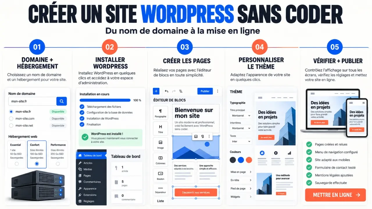 Création site WordPress sans coder en plusieurs étapes, du domaine à la mise en ligne