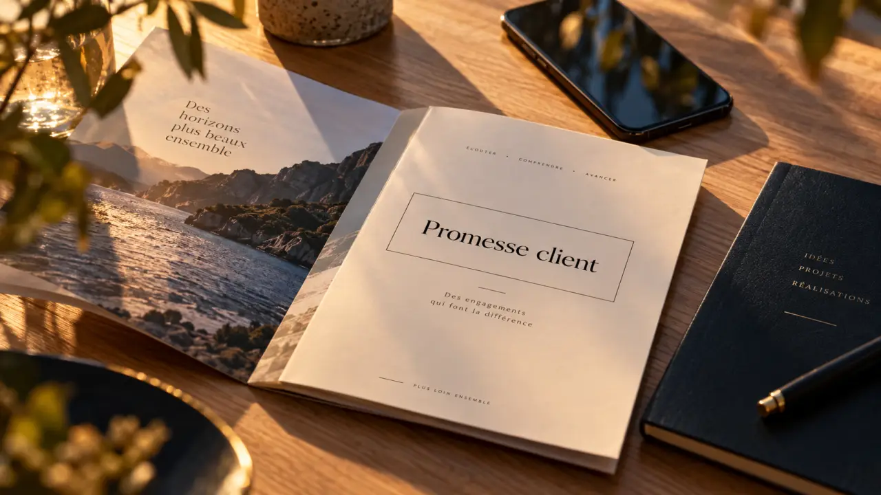Exemple plaquette commercial A4 en golden hour, photo bureau